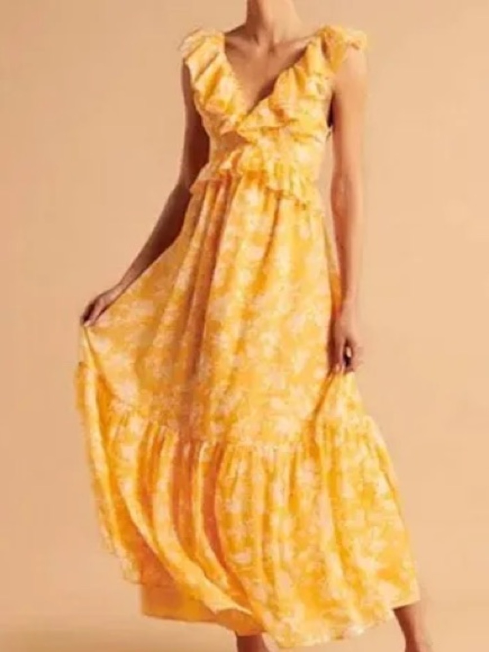 Abercrombie & Fitch Maxi Dress Womens MP Yellow Excellent Floral Ruffle Cutout